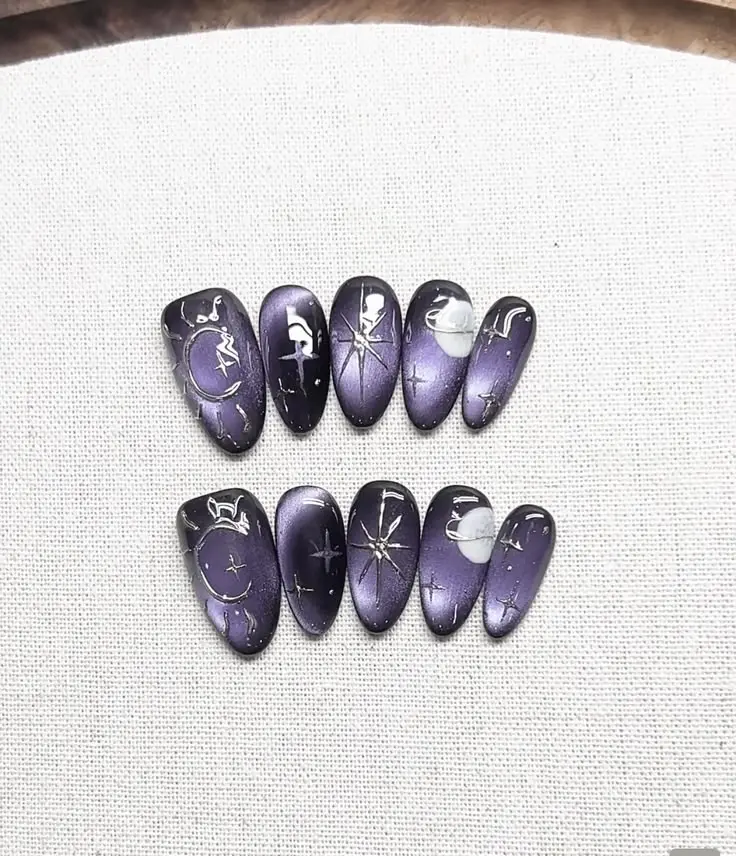 Handmade Purple Cat Eye Press On Nails, Celestial Star Moon Nails, Magnetic Gel Almond Nail Set, 3D Silver Chrome Reusable Fake Nails with Gift Set (Adhesive Tabs, Nail File, Cuticle Stick)