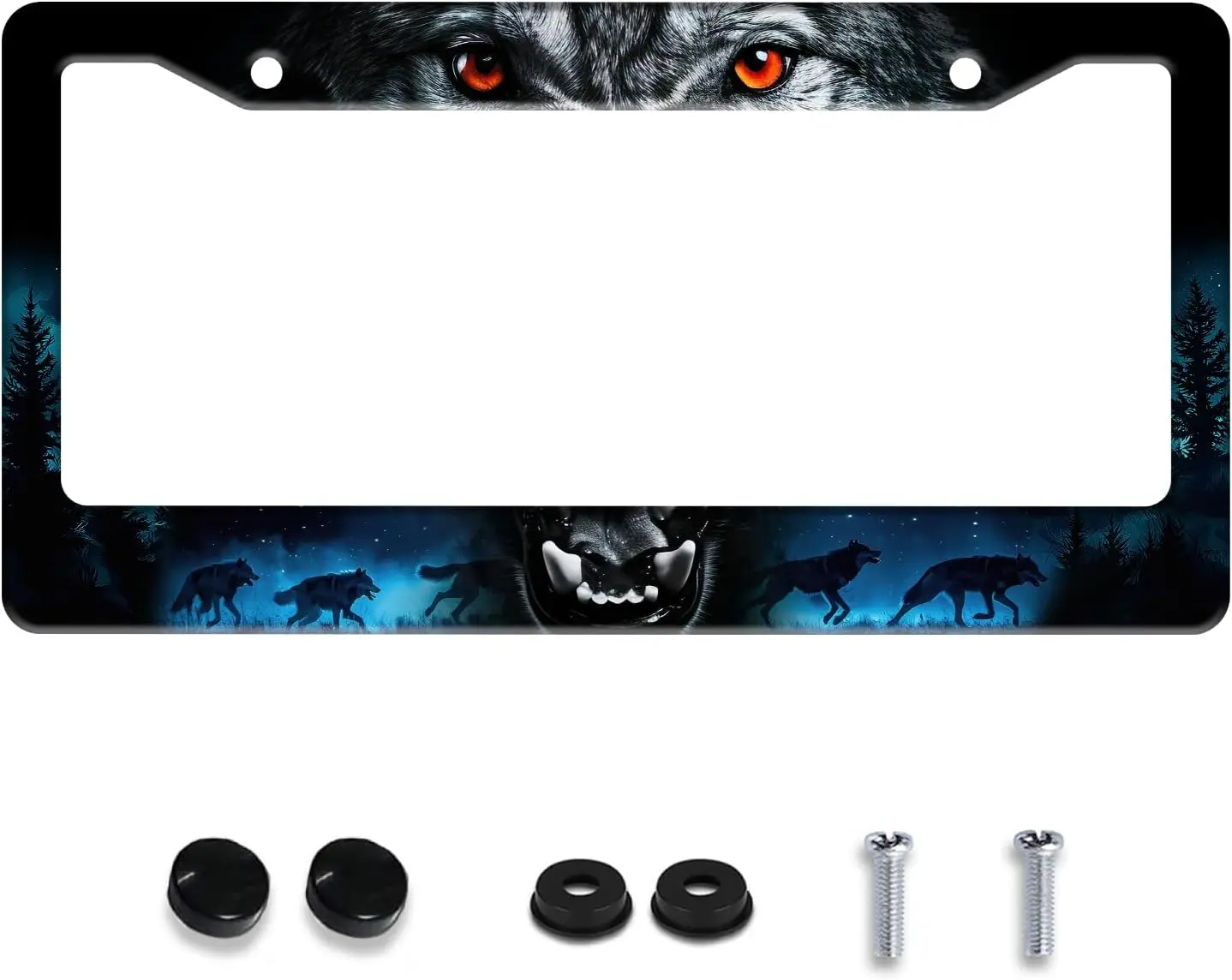 Invincibleframe Personalized Wolf Howling Art Stainless Steel License Plate Frame - US Standard Fit (12.2x6.3in), 2-Hole Design with Screws, Night Forest Animal Car Exterior Accessory for Animal Car Owners, Men's Gift, 2-Hole Screw