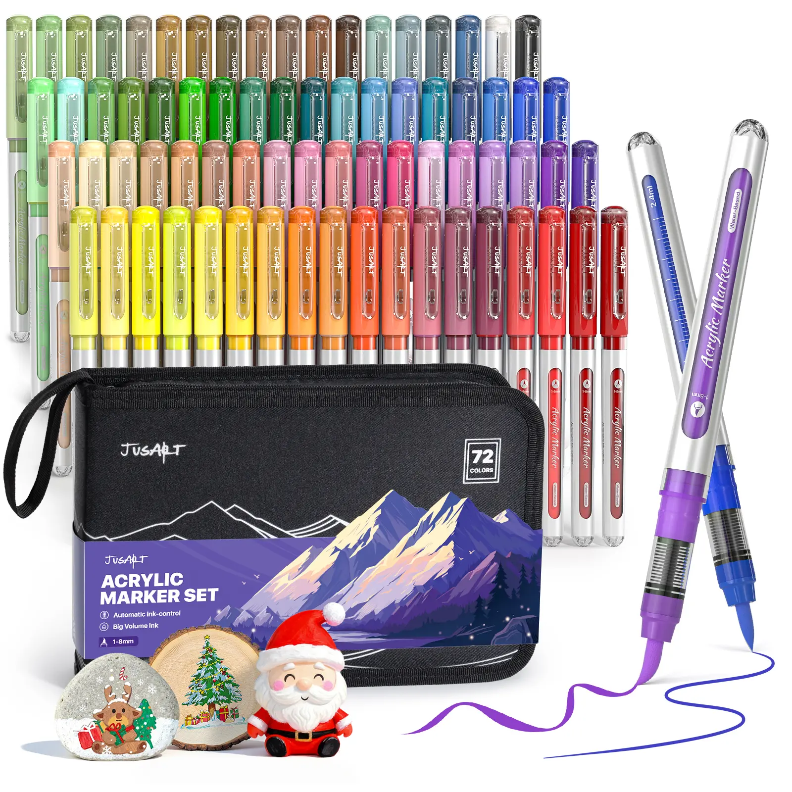 JusArt 48-Color Acrylic Painting Pens Set, Premium Colorful Art Supplies with Canvas Bag, Water-Based No-Bleed Automatic Ink Control Waterproof Brush Tip Markers for DIY Art Design, Fabric, Rock