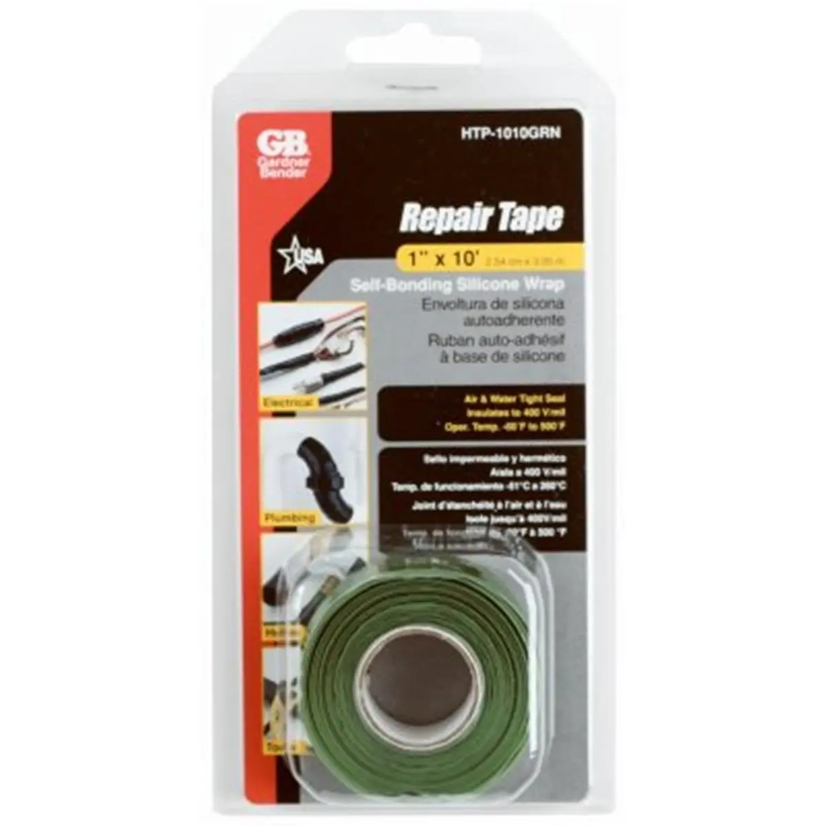 212 MAIN Gardner Bender Self-Bonding Silicone Insulating Tape, 1 in (inches) x 10 ft (feet) Green, High Temp Res., 400V Rated, UL Listed, Carded, for DIY Scrapbooking & Stamping Fixes