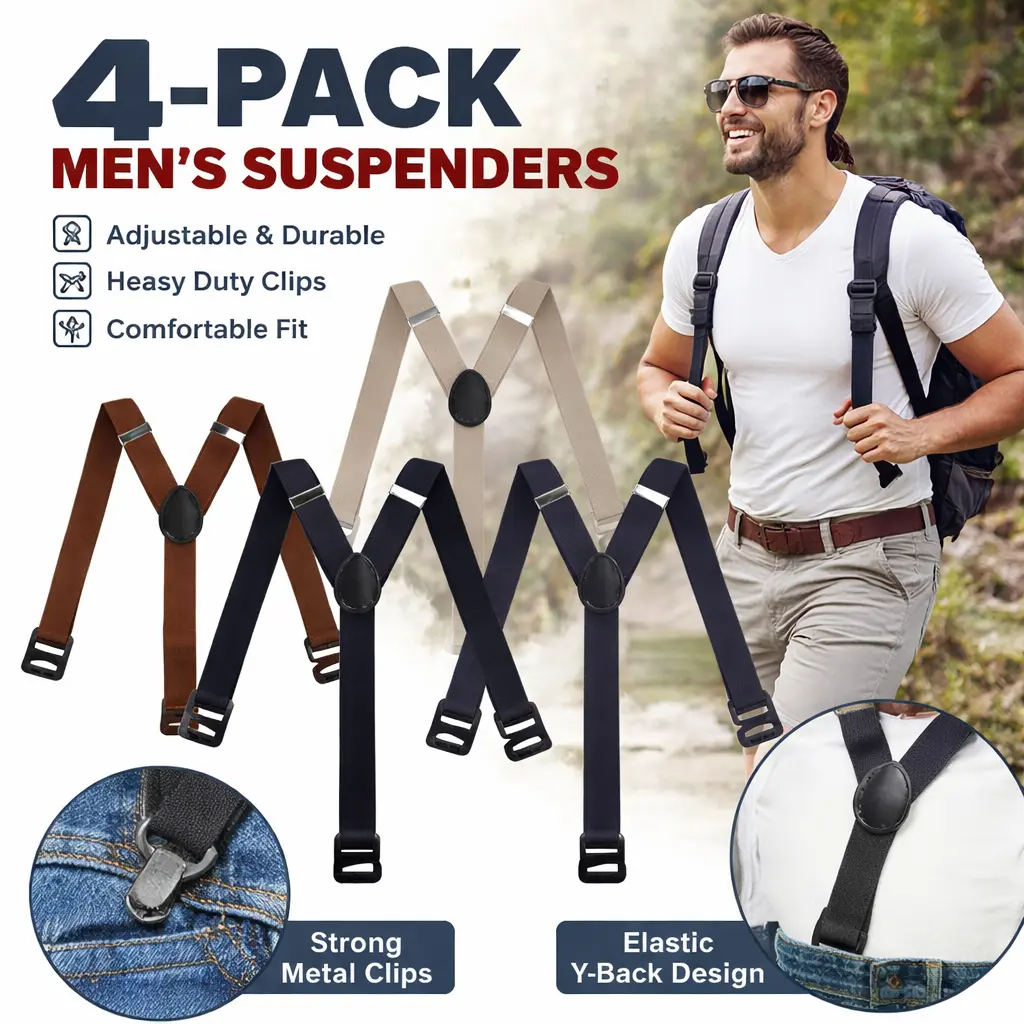 Male Durable Polyester Adjustable Hidden Under-Shirt Suspenders 4-Pack - Heavy-Duty Clips, Airport-Friendly Invisible Design, 1-Size Fit for Work Pants, Suits - Ideal for Valentine's Day, Night Out, Christmas, Casual
