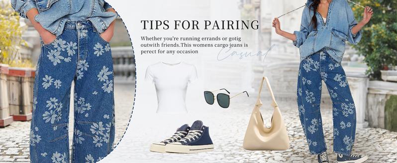 Chouyatou Women's Simple Floral Jeans Y2K Loose Wide-Leg Jeans Boyfriend Style Printed Stitching Jeans