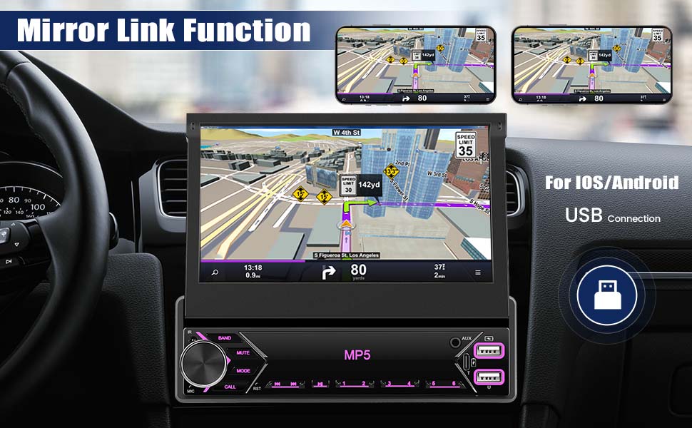 Single Din Flip Out Car Stereo Bluetooth 7 Inch Retractable Touch Screen Car Radio 1 Din Mirror Link/FM/EQ USB/Type-C/AUX SWC, Car Audio Receiver MP5 Multimedia Player with Backup Camera