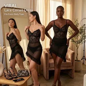 Women's Floral Lace Mesh Nightdress Set - Elegant Ruffle Hem Chemise with Adjustable Straps(Includes Matching Panty)