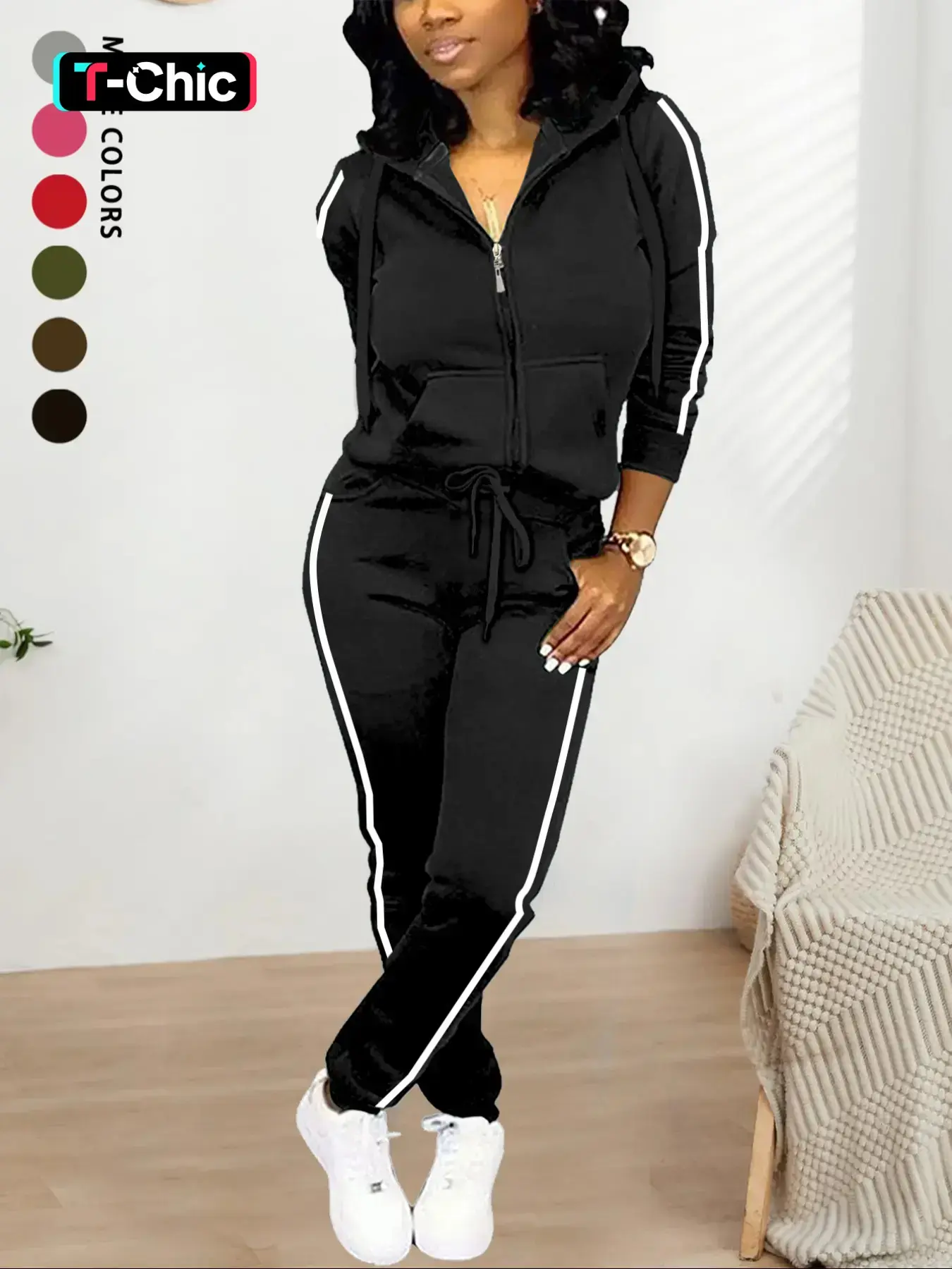 Women's Fall Winter Casual Basic Minimalist Fitted Matching Two-Piece Set, Solid Color Knit Hooded Zipper Long Sleeve Sweatshirt & Long Trouser Pants, Comfortable Daily Wear, Outfit, Womenswear, Clothes, Matching Sets