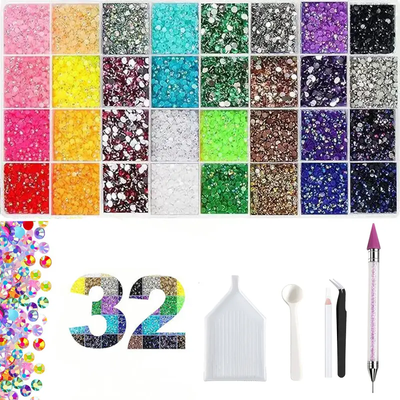 32colors-36000Pcs 3mm Multicolor Jelly Resin Flatback Rhinestones Kit, High-Facet Sparkling Synthetic Beads, Firm Anti-Fall Gems , Shoes, Book, Phone Case & DIY  Bedazzling Crafts