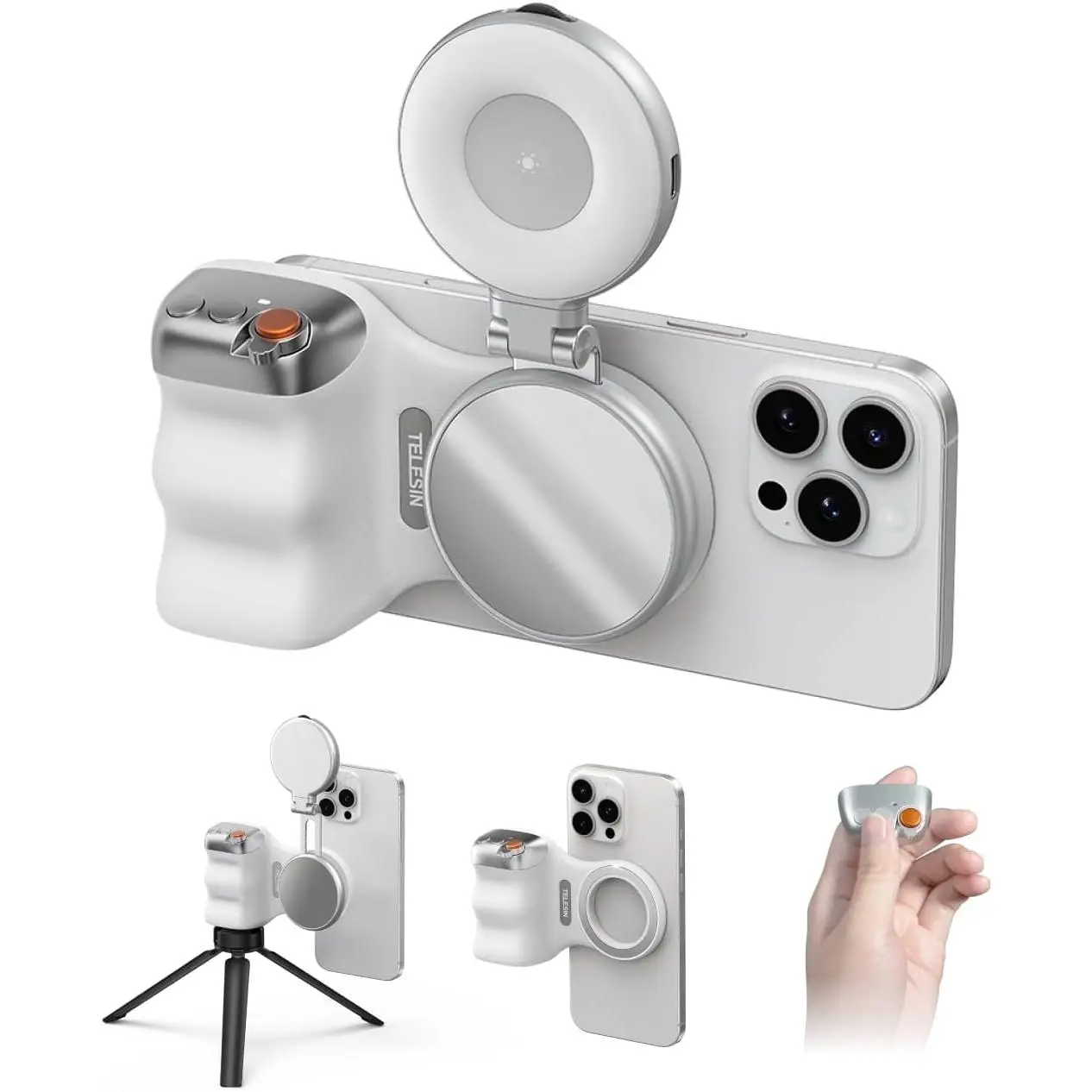 TELESIN Fun Shot Magnetic Phone Camera Grip + C03 LED Ring Light (Silver) MagSafe-Compatible Mobile Fun Shot Grip Kit, Magnetic Mount Snaps on Fast Compact Filming Bundle for Content Creators