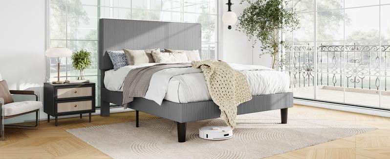 SHA CERLIN Fine Channel-Tufted Fabric Platform Bed Frame【Frame Only No Mattress】Upholstered Wingback Headboard, Solid Wood Slats, No Box Spring Needed, Full/Queen/King Size#ChristmasGifts#TikTokShopBlackFriday