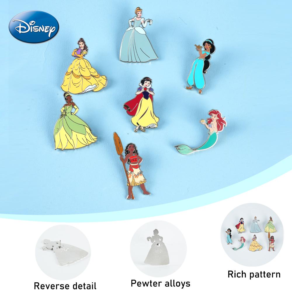 7PCS Disney Princess Pin Officially Licensed Gorgeous Gown Dress Gold-foil Belle Jasmine Ariel Snow White Tiana Cinderella Moana Anime Brooch Backpack Decoration Jacket Lapel Anti-Rust Exquisite Alloy Enamel Collectible Gift