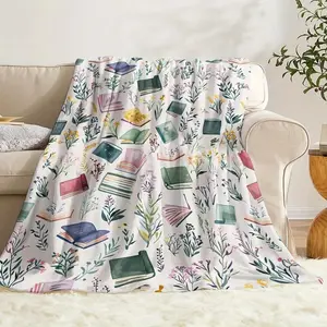 Contemporary Flannel Knitted Throw Blanket Digital Print 100% Polyester Watercolor Books Wildflowers Quilted Soft Warm for All Seasons Home Office Travel Gifts