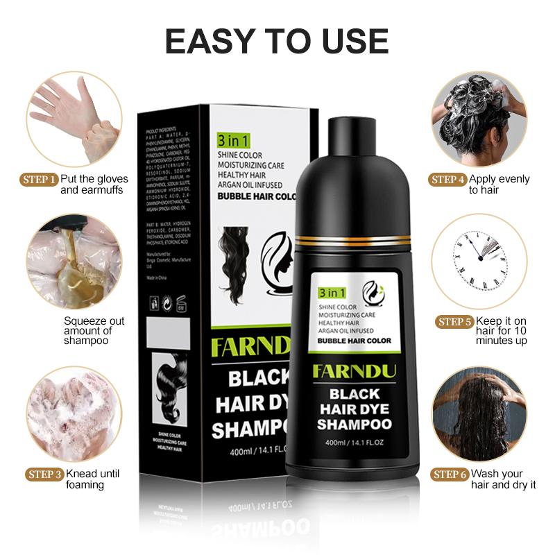 FARNDU Hair Dye Shampoo, Gray Coverage, 3 in 1 (+Shampoo+Conditioner), 10 Minute Color for Men & Women, All Hair Types, Long Lasting, 400ml