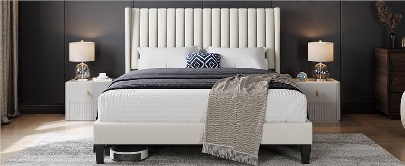 Yaheetech Linen Fabric /Velvet Upholstered Bed Frame Full/Queen/King with Wooden Slat Support, No Box Spring Needed, Durable Construction, Easy Assembly Furniture Bedroom Beige Headboard