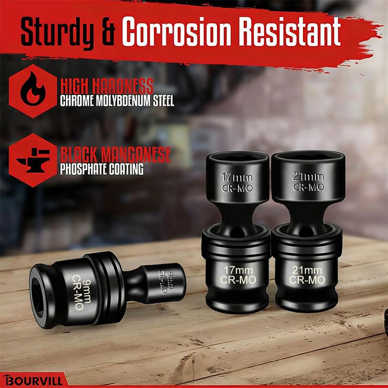 15-Piece 3/8" Drive Shallow Universal Impact Socket Set, 6-Point, Metric, 8-22mm, 15-Piece Swivel Socket Set, Metric Flexible Wobble Sockets, CR-MO Steel