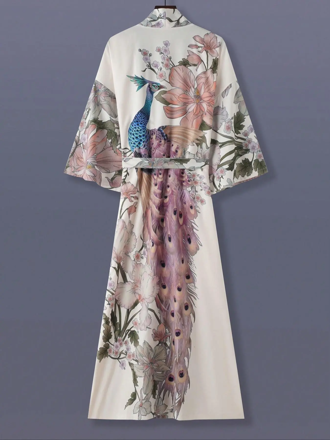 Elegant Japanese Peacock & Floral Pattern Kimono Sleeve Outerwear, Unisex Loose-Fit Long Sleeve Outerwear, Spring & Fall Clothes, Womenswear