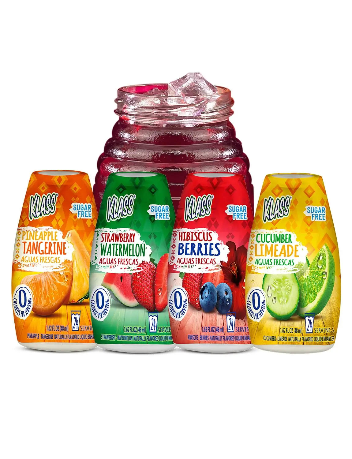 Klass Aguas Frescas Liquid Water Enhancer Variety Pack, 4 Bottles, Cucumber Limeade, Strawberry Watermelon, Hibiscus Berries & Pineapple Tangerine, Sugar Free, Zero Calories, Naturally Flavored, Keto Friendly, Makes Up to 96 Drinks