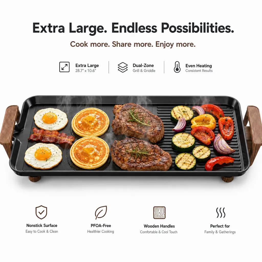 AORAN Electric Nonstick Grill and Griddle Combo - Table Top Grill, Comal Style Griddle, Removable Adjustable Temp Control, Indoor BBQ Ease, Pancake to BBQ Kitchen Appliance for Camping Gatherings