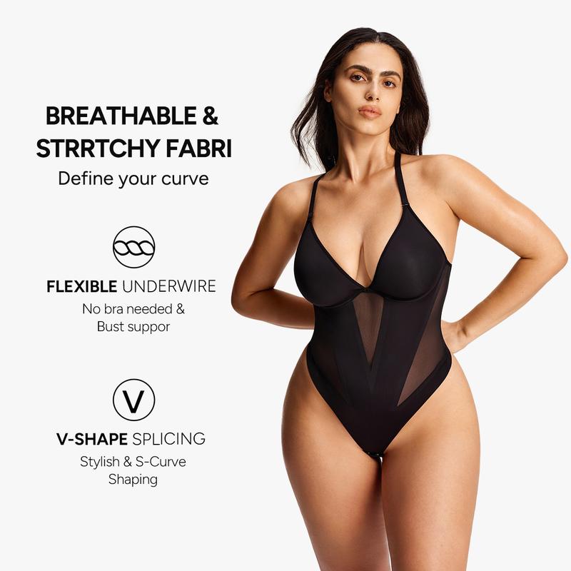 Nebility Women's Deep V Mesh Shapewear Bodysuit with Adjustable Straps for Chest Support and Tummy Control Thong Design for Snatched Waist Womenswear Compression Basic Minimalist Black