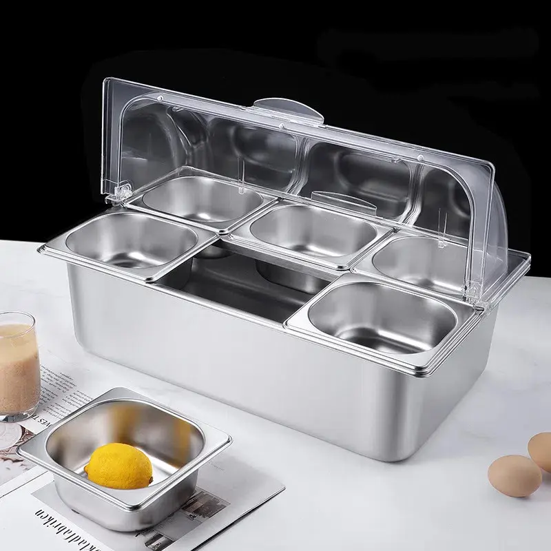 CNCEST 6-Pan Stainless Steel Buffet Food Display Tray Serving Station with Clear Roll Top Cover, Hot/Cold Water Base, Stackable Insulated Modern Containers for Restaurants & Catering