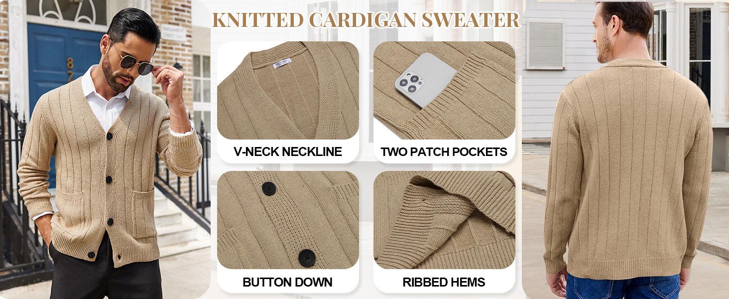 Coofandy Men's Long-Sleeve Cable Knit V-Neck Button-Up Cardigan Top with Pockets, Ribbed Hem, Soft Fabric - Casual, Office Wear, Gift Idea for Small-Sized Men