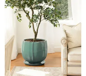 LuxenHome Glossy Teal Ceramic Planter, 14" Potw/ Conn. Tray