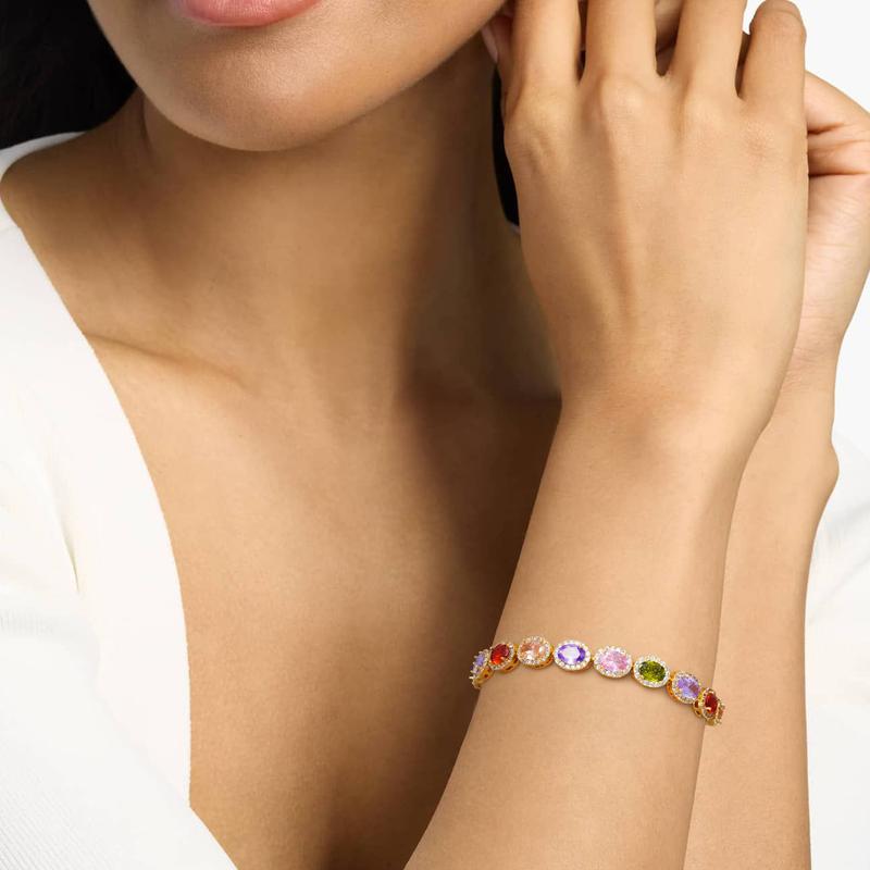 Turandoss 14K Gold Plated Gemstone Tennis Bracelet, Adjustable Colored Multi-Gem Bracelet for Women, Valentine’s Gift, Plus Size Friendly
