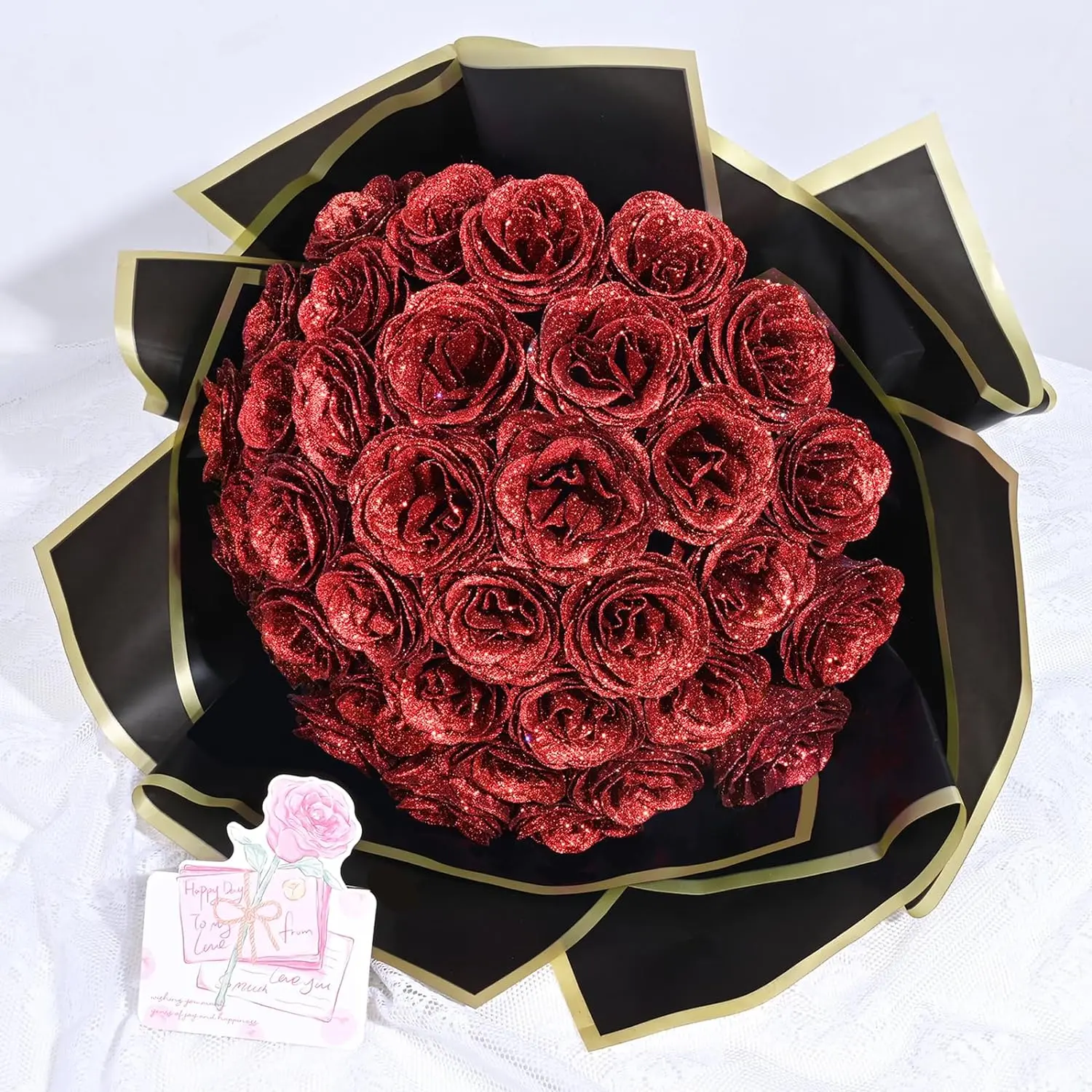 Decorative Glitter Artificial Rose Bouquet Set (24/36 Pcs) - DIY Fake Bouquet Flowers with 3D Butterflies, Crowns, Alphabet Stickers, Ribbons, Flower Design Decor, Graduation Gf Gift for Home Decor,dorm essentials