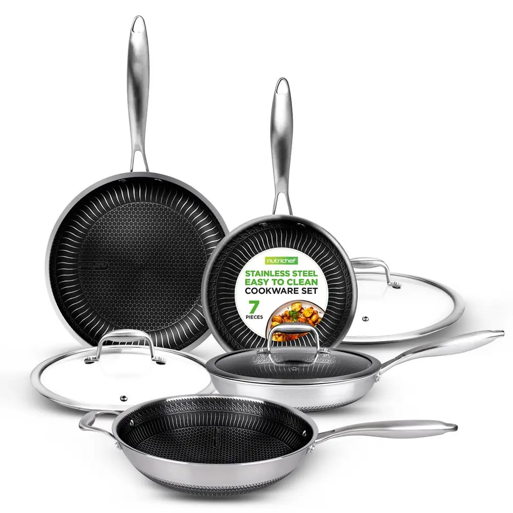 7-Piece Nonstick Frying Pan Set & Wok | Triply Stainless Steel Cookware Set with Lids - Heat Resistant Up to 500°F, Oven & Dishwasher Safe - Stylish Kitchen Cooking Essentials