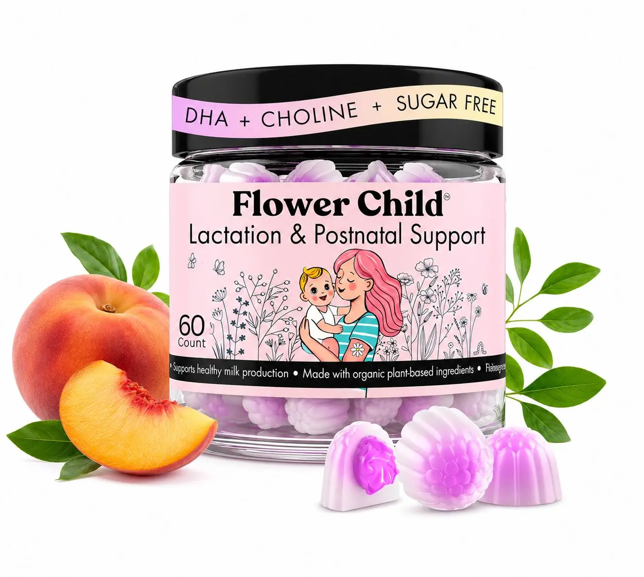 Lactation Supplement Gummies for Breastfeeding Moms | Organic Moringa | DHA | Choline | Fenugreek-Free, Supports Healthy Milk Supply | Peach Flavor | 60 ct | Flower Child Nutrition