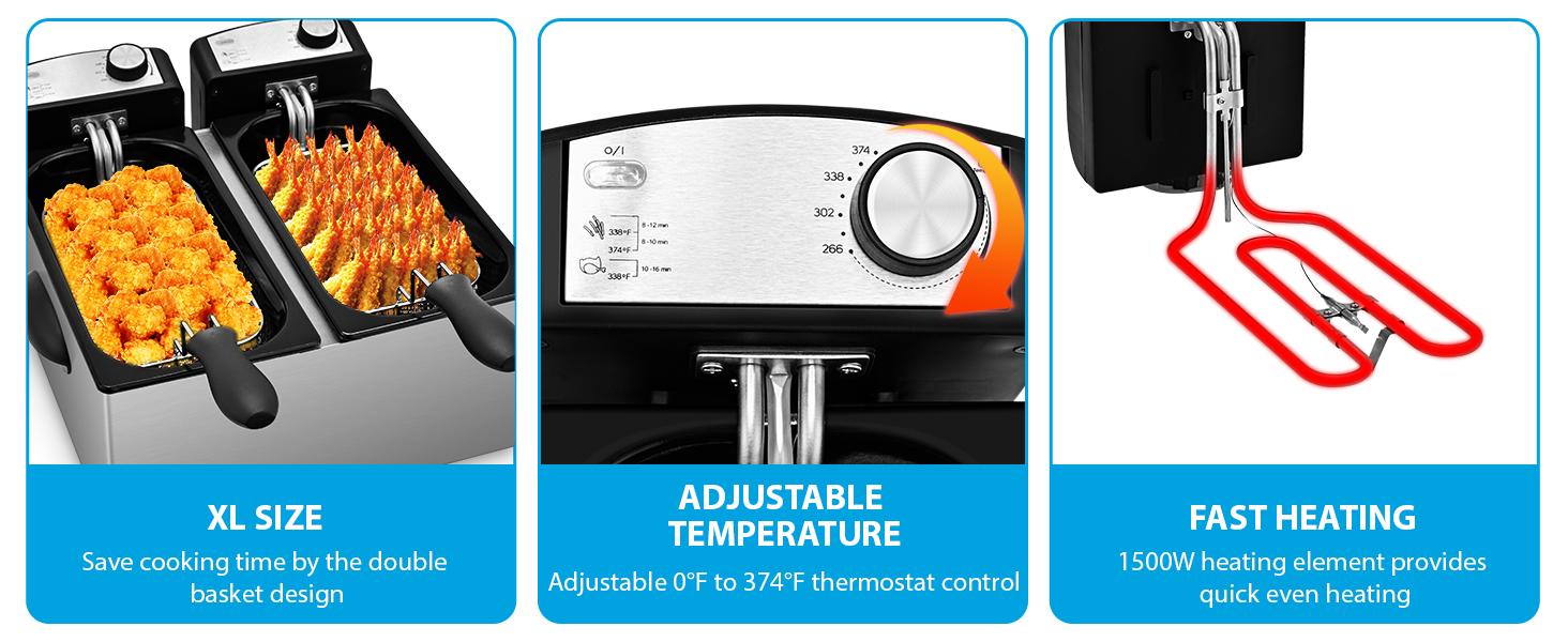 SUSTEAS Electric Double Deep Fryer with 2 Baskets & Lids, 6.3 QT Stainless Steel Removable Double Fryer,Temperature Control,Overheat Protection,3000W Household Appliances