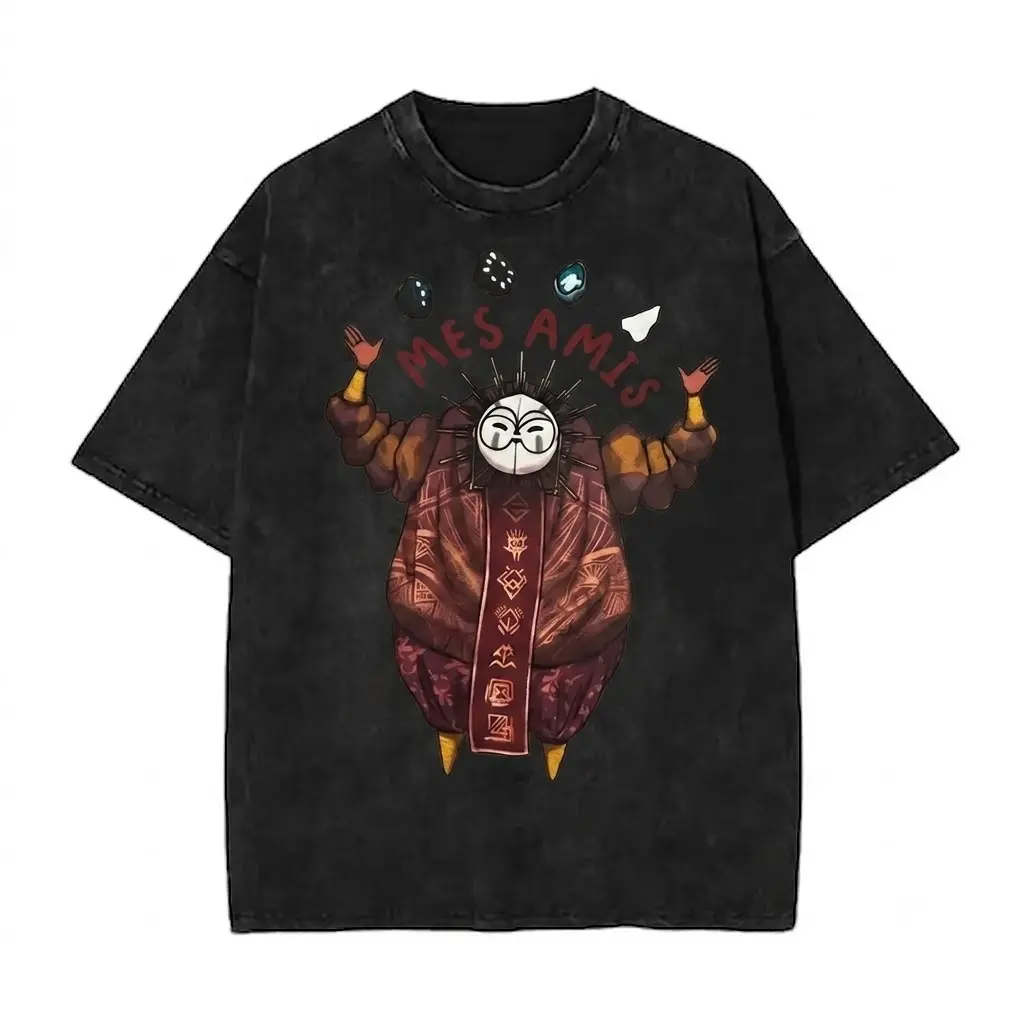 Menswear Short-Sleeve Soft Cotton Casual T-Shirt, Chants of Sennaar Bards "Mes Amis" Masked Figure Graphic, Vintage Acid Wash Oversize Edgy Dark Fantasy Streetwear Tee, Shortsleeve, Oversized Tee, All Seasons