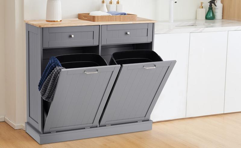 【Does Not Include Trash Can】 Spurgehom Double Tilt-Out Trash Can Cabinet, 26 Gallon Hidden Garbage & Recycling Bin with Handles, Pet-Proof Kitchen Storage Cabinet