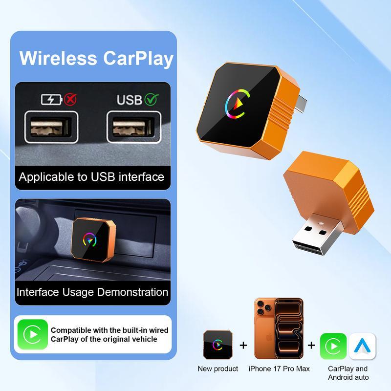 Wireless Carplay 2026 Mini Orange Blue Silver Cube Pro 3.0 Wireless CarPlay ,iPhone/ Android Auto Adapter – Plug & Play, Fast Auto-Reconnect