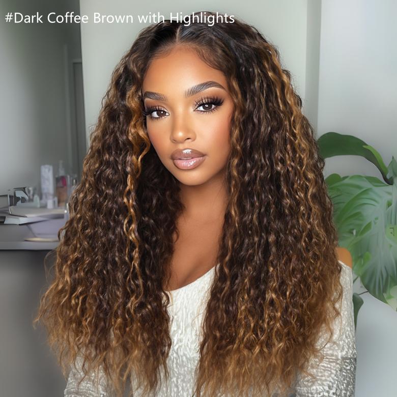 Unice  Water Wave Wig Black with Golden Brown Highlights Bye Bye Knots Pre-cut 7x5 HD Lace Closure Human Hair Wigs Natural Scalp Ready to Wear Beginners Friendly SpringStatements