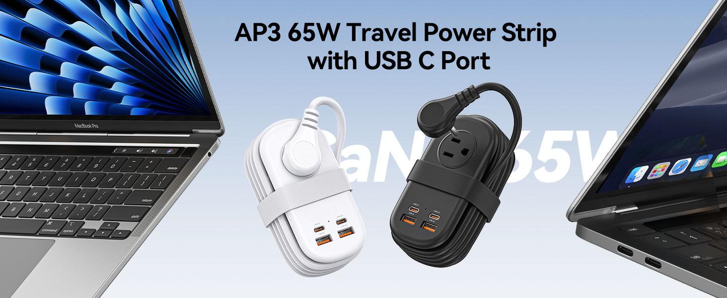 ORICO 7-in-1 Travel Power Strip, 3 AC Outlets + USB-C/USB-A Fast Charge (20W or 65W PD GaN), 4FT Wrapped Extension Cord, Flat Plug, Compact for Hotel, Dorm, Cruise, and MacBook/iPhone Devices - AP3 20W/65W