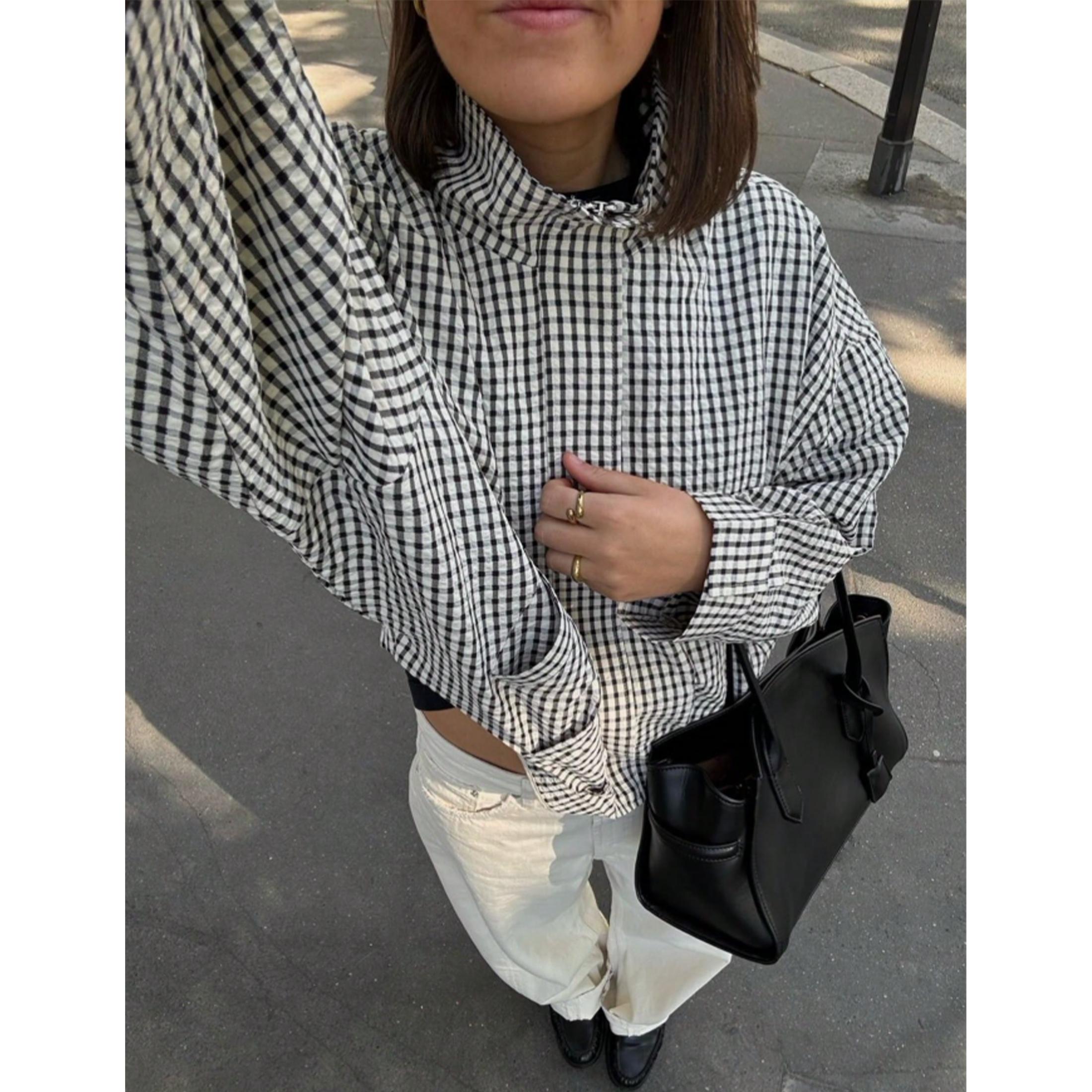 Wandal Women Stand High Neck Gingham Blouse, Oversized Balloon Long Sleeve Vintage Checkered Shirt, Loose Casual Woven Plaid Top