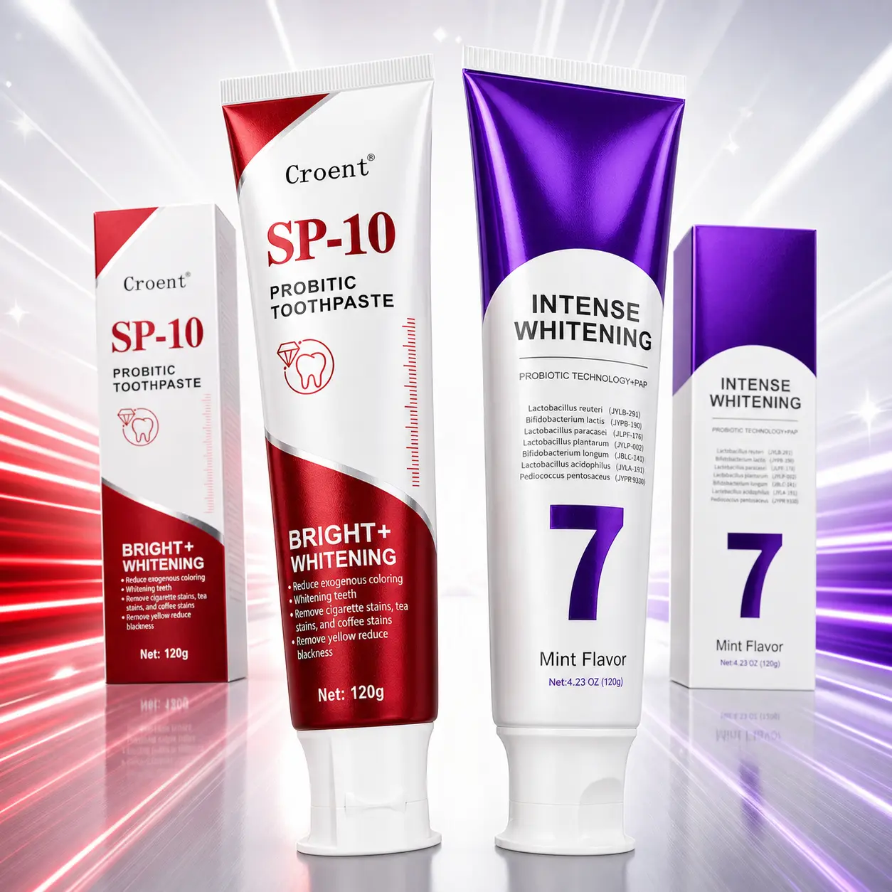 Croent SP-10 Probiotic Toothpaste and 7-Pro PAP Whitening Toothpaste Set, 2-Pack Mint Oral Care for Adults, Helps Remove Surface Stains from Coffee Tea Wine and Smoking, Freshens Breath, Daily Brightening and Intensive Whitening, 4.23 oz Each, 4.23Oz