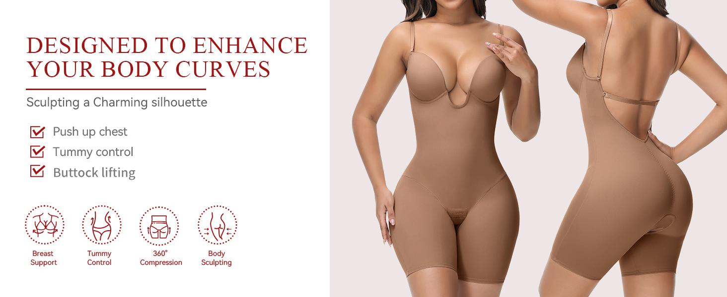 SHAPSHE Backless Plunge Seamless Shapewear Bodysuits Full Body Tummy Control Built In Bra with Plunge Low Back Body Shaper for Wedding Party
