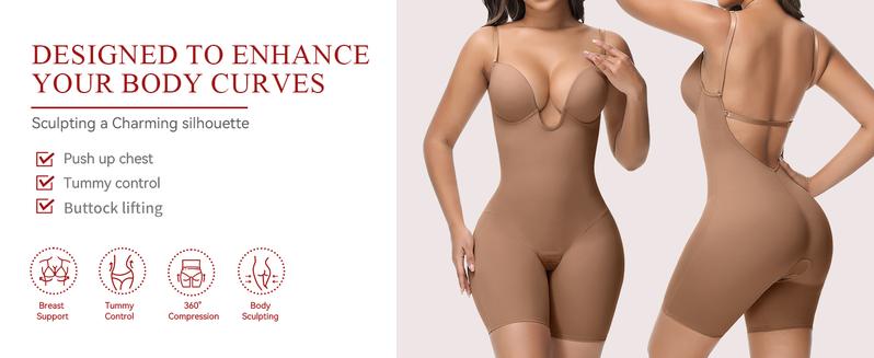 SHAPSHE Backless Plunge Seamless Shapewear Bodysuits Full Body Tummy Control Built In Bra with Plunge Low Back Body Shaper for Wedding Party