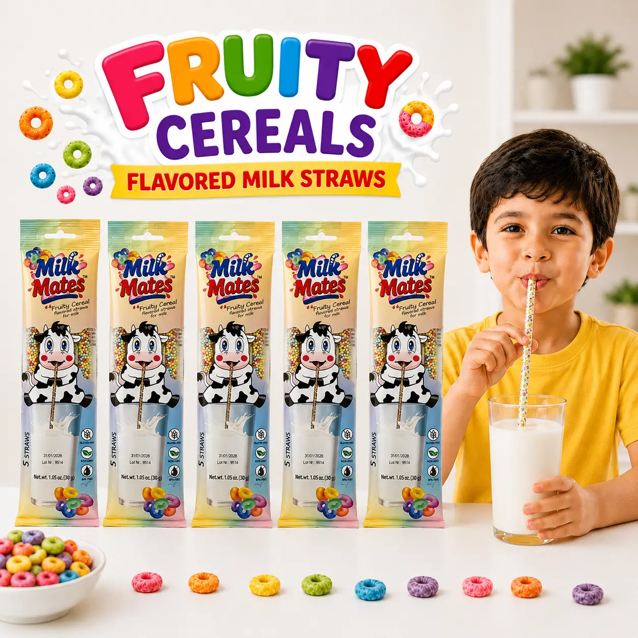 Mild Sweet Fruity Cereal Straws - 25 Total (5 Packs, 5 Each), Children & Adults’ Milk Enhancer, 7 oz Milk Accessory, No Powder/Mess, Easy-to-Use, Dairy-Free, Ambient Cupboard Storage, 24-Month Shelf Life