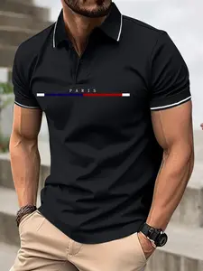 Men’s lightweight summer short-sleeve polo shirt with Paris letter print and buttoned turn-down collar—fashionable for casual wear, sports, outings, business work, golf, fishing, camping, and gifting to a boyfriend or husband; trendy holiday outfit.