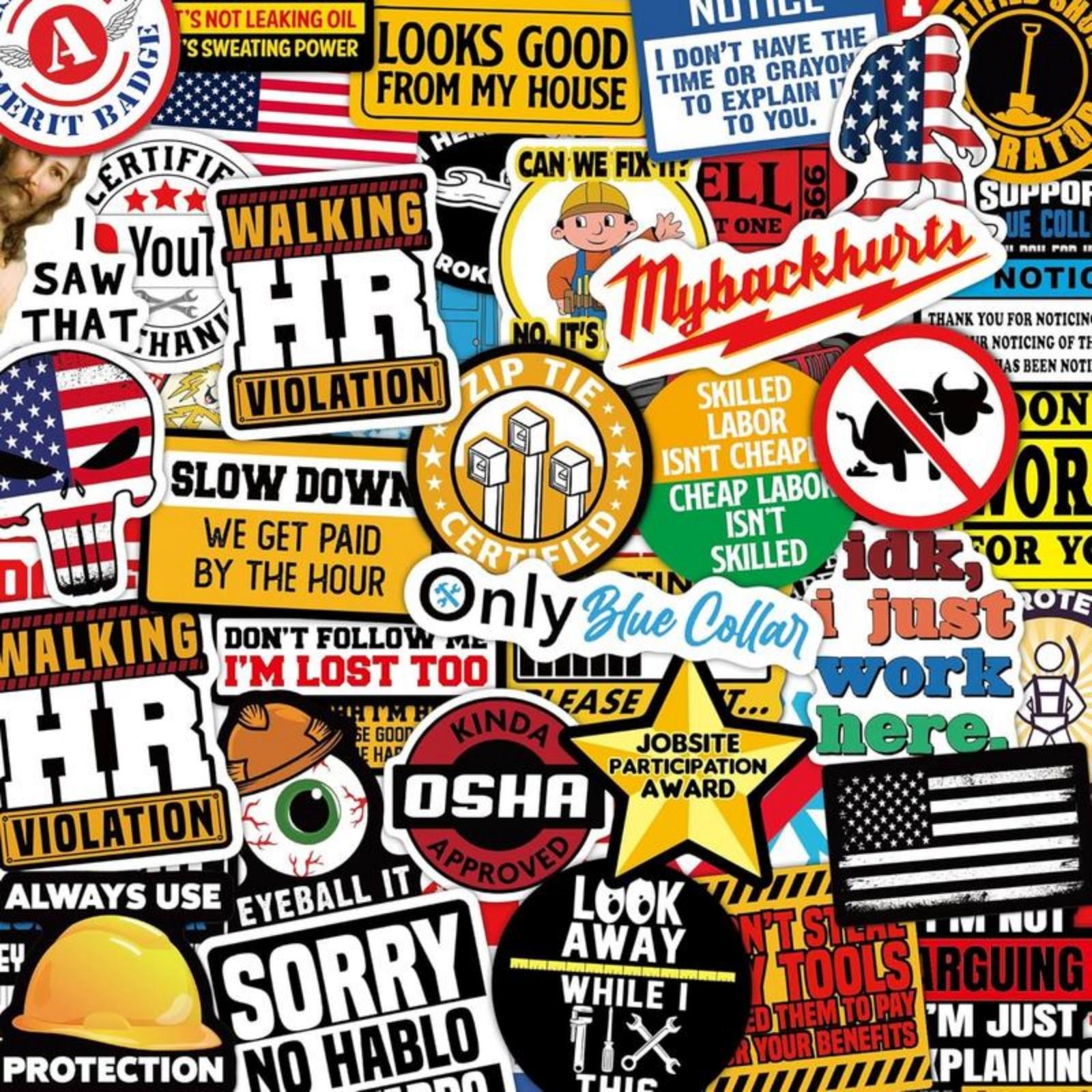 150 Pcs Funny Hard Hat Stickers for Adults,Tool Box,Helmet,Blue Collar Stickers,Prank Meme Vinyl Waterproof Decal for Mechanics,Electricians,Union,Military,Construction