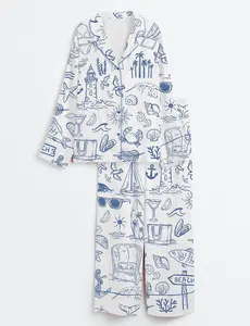 Women's Coastal Whimsical Style Summer Beach Bachelorette Short Sleeve Satin Pajama Set