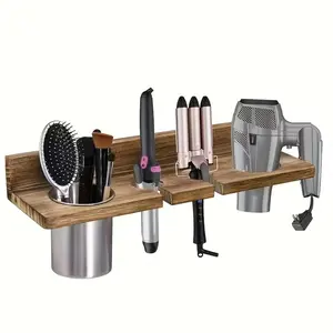 Rustic Wooden Wall-Mounted Bathroom Shelf with Hair Dryer Holder, Space-Saving Storage Rack for Hair Straightener, Curling Iron, Brushes & Combs, Bathroom Organizer