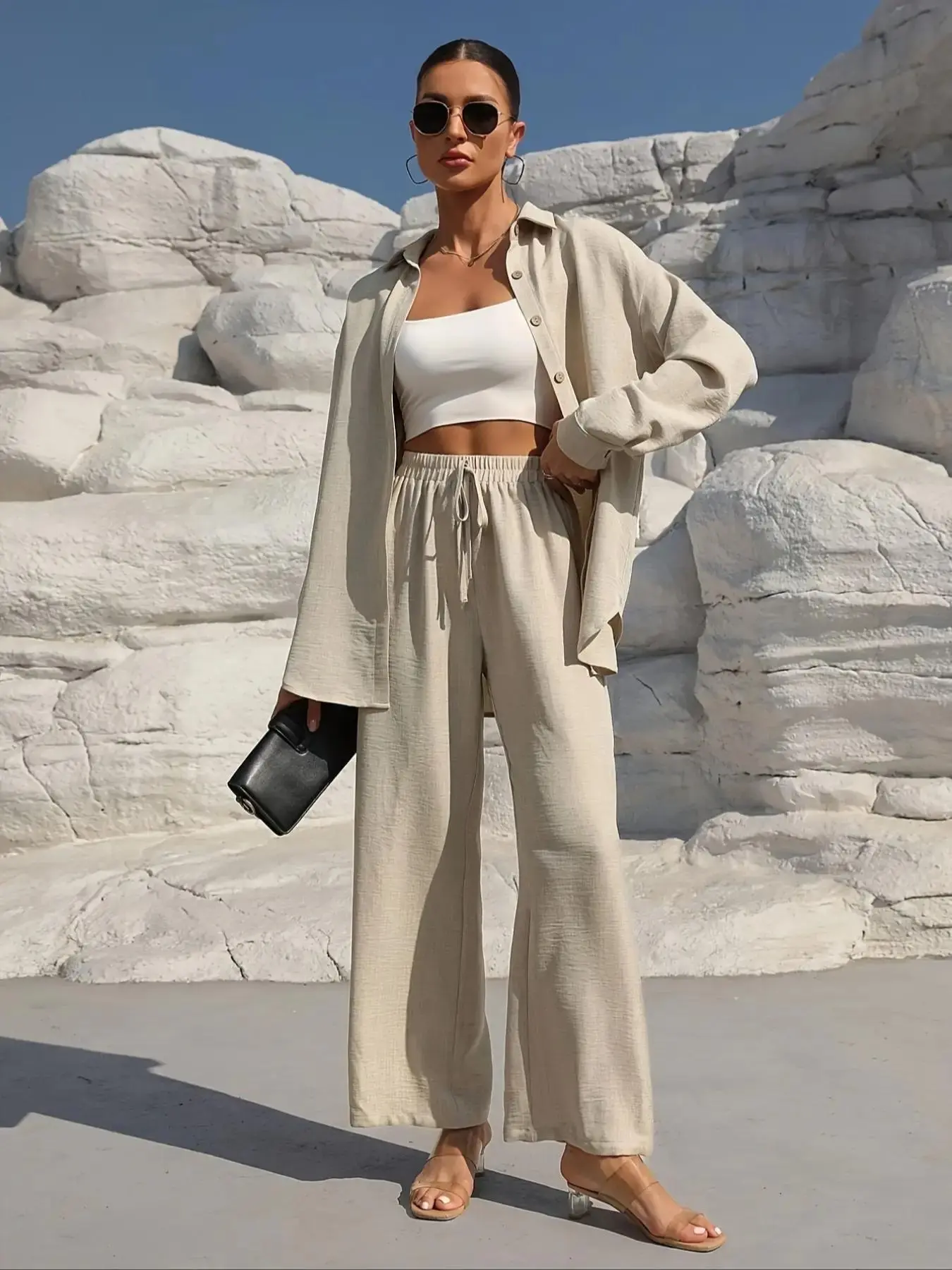 Women's Solid Collared Button Front Shirt & Tie Front Wide Leg Pants Two-piece Set, Casual Drop Shoulder Long Sleeve Fitted Top & High Waist Trousers for Spring & Fall, Linen Set, Loose Pant Sets, Casual Matching Sets, Womenswear