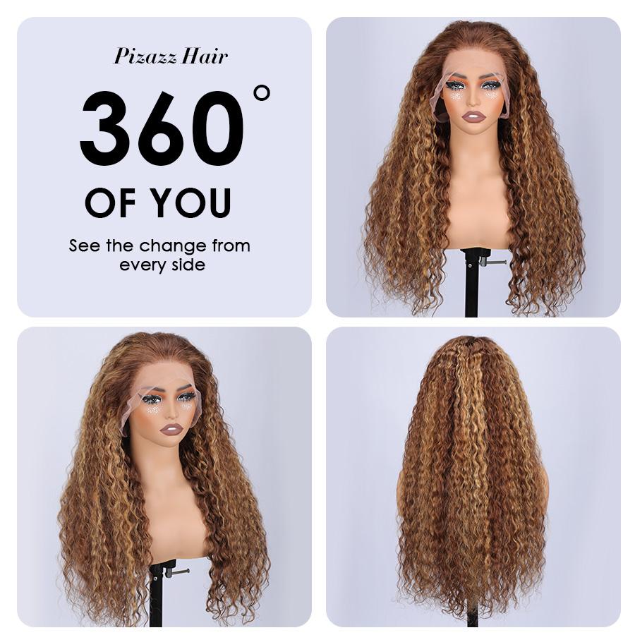 Pizazz Hair 4/27 Highlight Honey Blonde Deep Wave 13×6 Human Hair HD Lace Front Wigs 180% Density Lace Frontal Human Hair Wigs