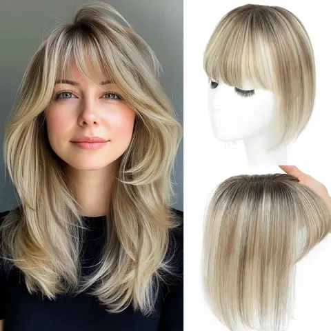 HOLFWALF Female 10 inch Natural Looking Human Hair Topper with Straight Bangs, Invisible Breathable Clip-in Piece for Gray Hair Coverage, Lifelike Appearance, Suitable for Daily Styling, Perming & Curling