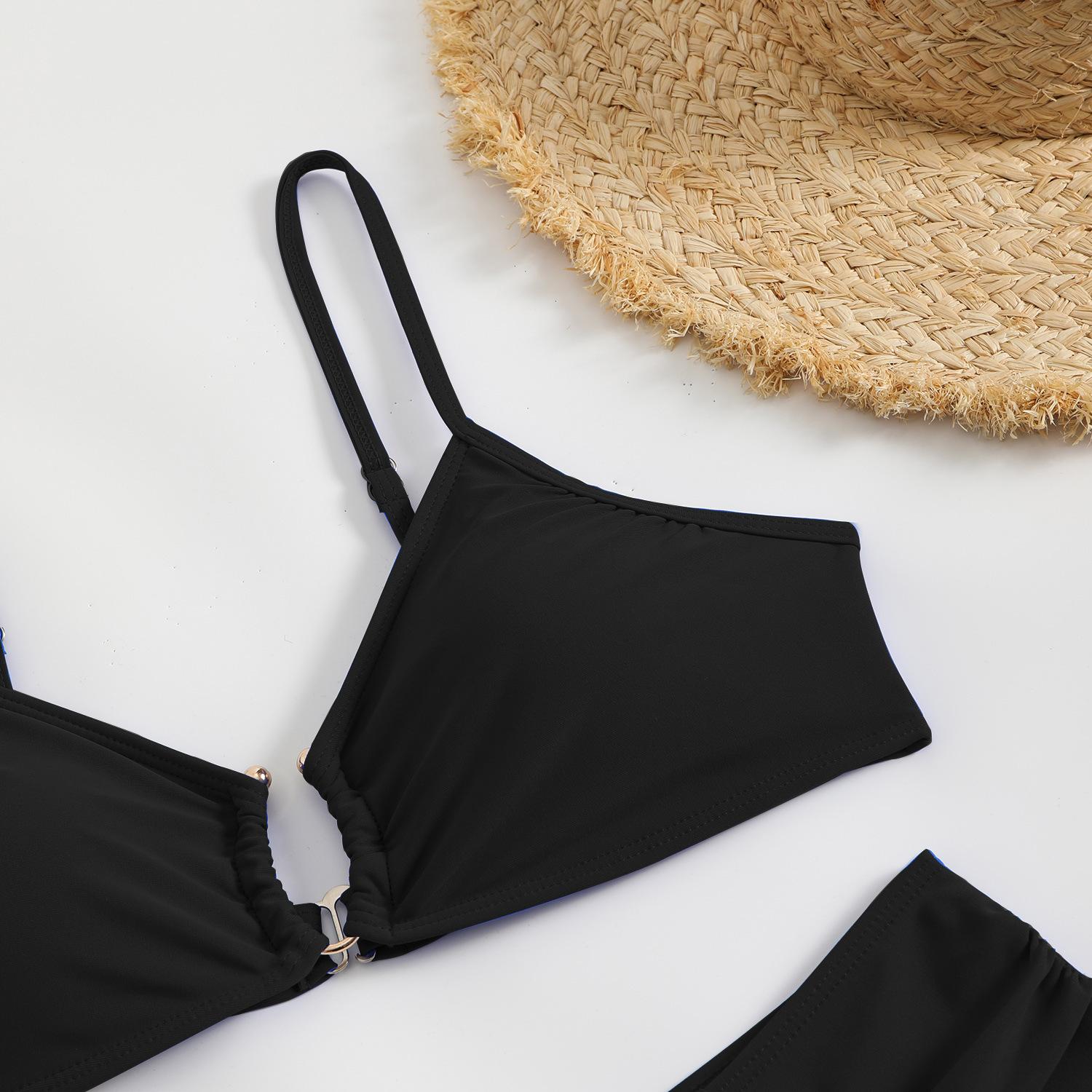 Hilor Women's Two-Piece Bikini Set with Plain Contrast Binding O-Ring Deco Ruch Swim Top & High-Cut Swim Bottoms for Summer Beach Outings