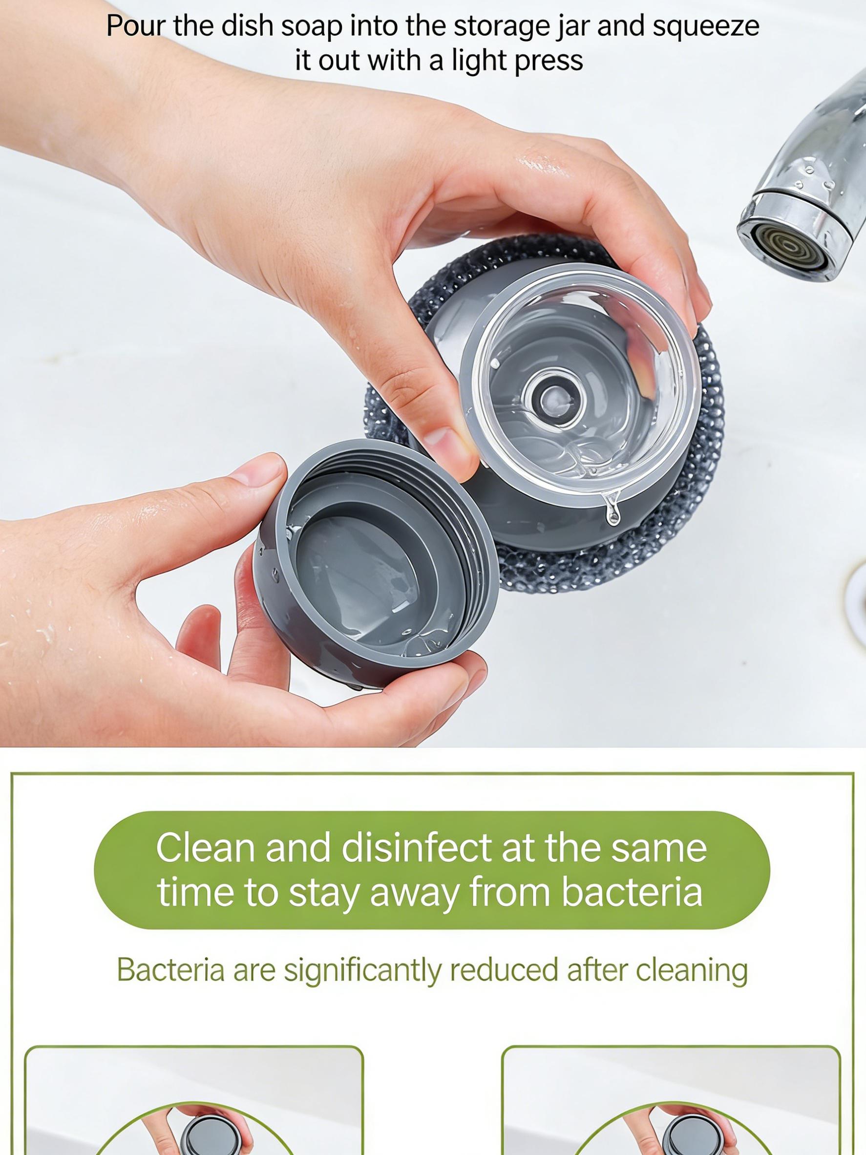 Comfort Handle Soap Dispensing Palm Brush - Automatic Liquid Release for Kitchen Sink Pot Bowl Deep Cleaning.