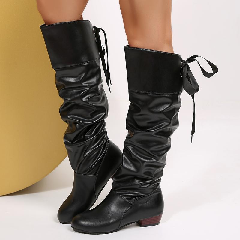 Women's Black Knee High Boots, Pleated Back Lace Slip On Chunky Heel Winter Shoe, Womensfashion Glossy Long Boots for Women, Perfect Valentine's Day Gift Women's Black Knee High Boots, Pleated Back Lace Slip On Chunky Heel Winter Shoe, Womensfashion Glossy Long Boots for Women, Perfect Valentine's Day Gift