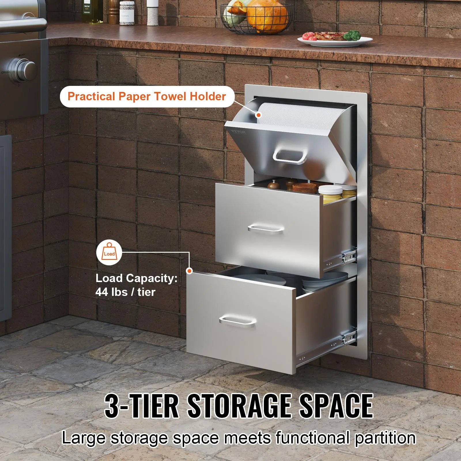 【SummerFinds】VEVOR 17W x 30H x 21D Inch Outdoor Kitchen Stainless Steel Double Access Drawers with Paper Towel Holder Combo for BBQ Island or Grill Station